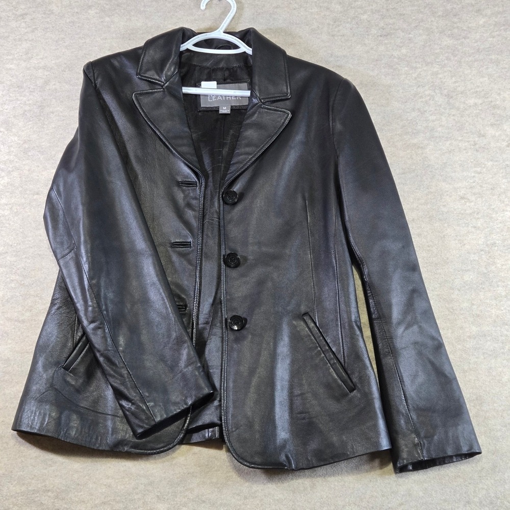 Wilsons Leather Black Blazer Jacket Womens Medium 3 Button Leather Coat